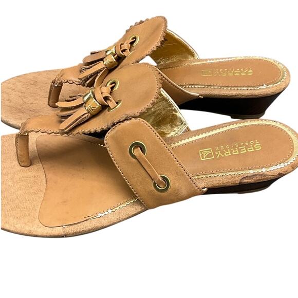 Sperry Topsider Tan Leather Tassel Flip Flop Slip On Wedge Sandal Women 8.5M - Picture 6 of 9